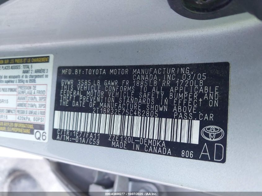 2005 Toyota Corolla Ce VIN: 2T1BR32E75C462805 Lot: 43400277