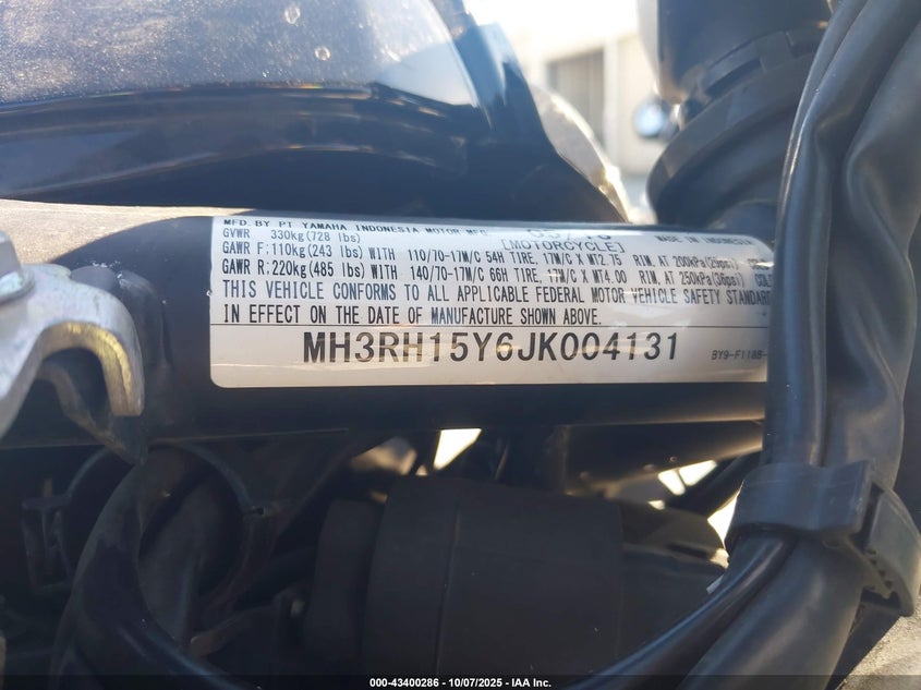 2018 Yamaha Yzfr3 A VIN: MH3RH15Y6JK004131 Lot: 43400286