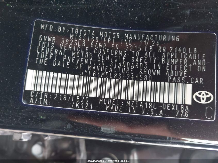 2025 Toyota Corolla Le VIN: 5YFB4MDE8SP244580 Lot: 43400289