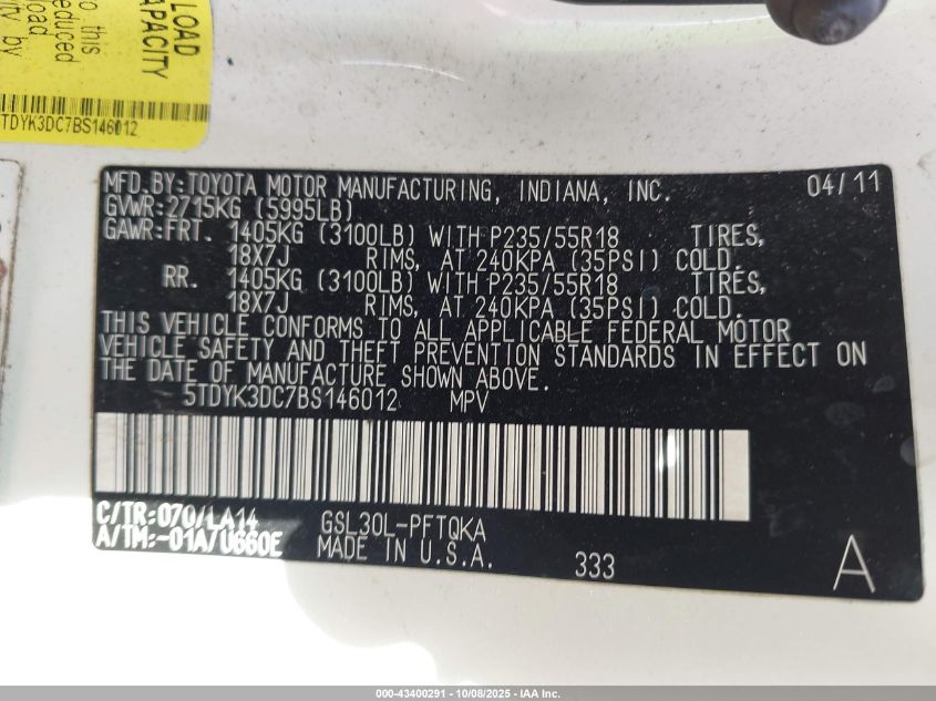 2011 Toyota Sienna Limited V6 VIN: 5TDYK3DC7BS146012 Lot: 43400291