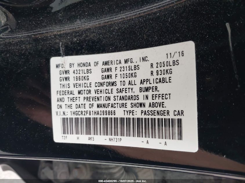 2017 Honda Accord Ex-L VIN: 1HGCR2F81HA099866 Lot: 43400295