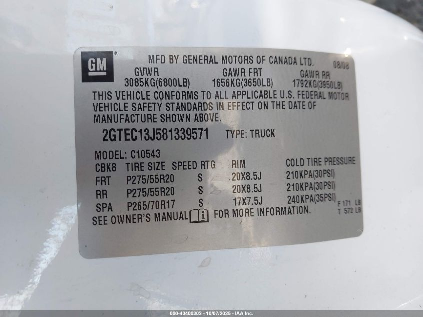 2008 GMC Sierra 1500 Sle1 VIN: 2GTEC13J581339571 Lot: 43400302