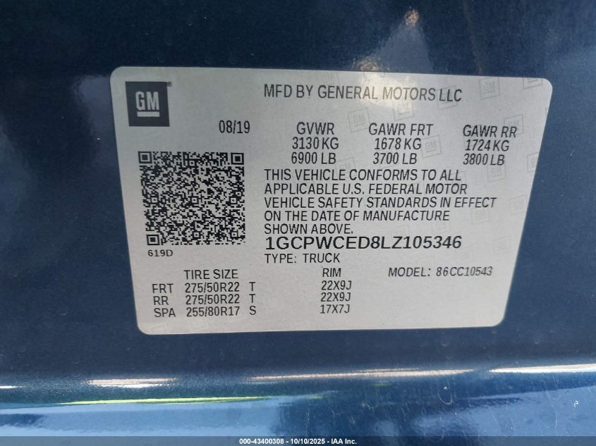 2020 Chevrolet Silverado 1500 2Wd Short Bed Lt VIN: 1GCPWCED8LZ105346 Lot: 43400308