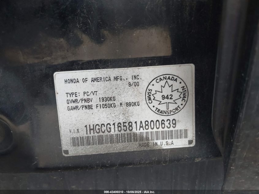 2001 Honda Accord 3.0 Ex VIN: 1HGCG16581A800639 Lot: 43400310
