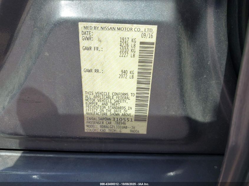 2017 Nissan Altima 2.5 S VIN: 1N4AL3AP0HN310551 Lot: 43400312