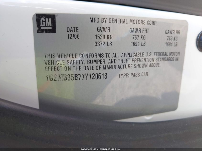 2007 Pontiac Solstice VIN: 1G2MB35B77Y120613 Lot: 43400325