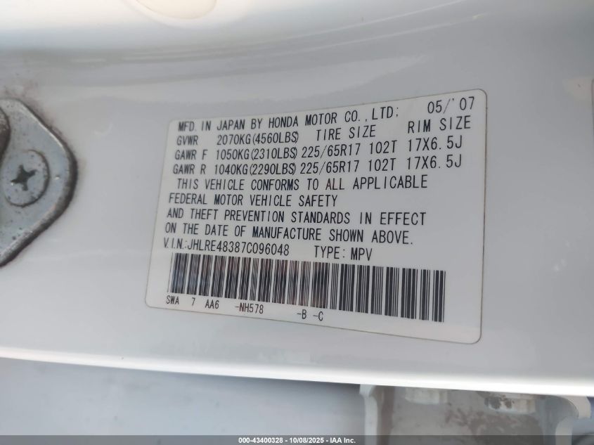 2007 Honda Cr-V Lx VIN: JHLRE48387C096048 Lot: 43400328