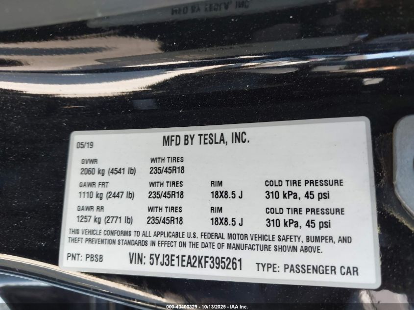 2019 Tesla Model 3 Long Range/Mid Range/Standard Range/Standard Range Plus VIN: 5YJ3E1EA2KF395261 Lot: 43400329