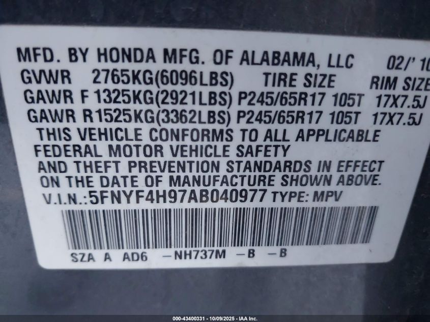 2010 Honda Pilot Touring VIN: 5FNYF4H97AB040977 Lot: 43400331