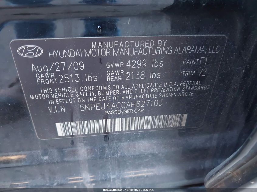 2010 Hyundai Sonata Limited VIN: 5NPEU4AC0AH627103 Lot: 43400341