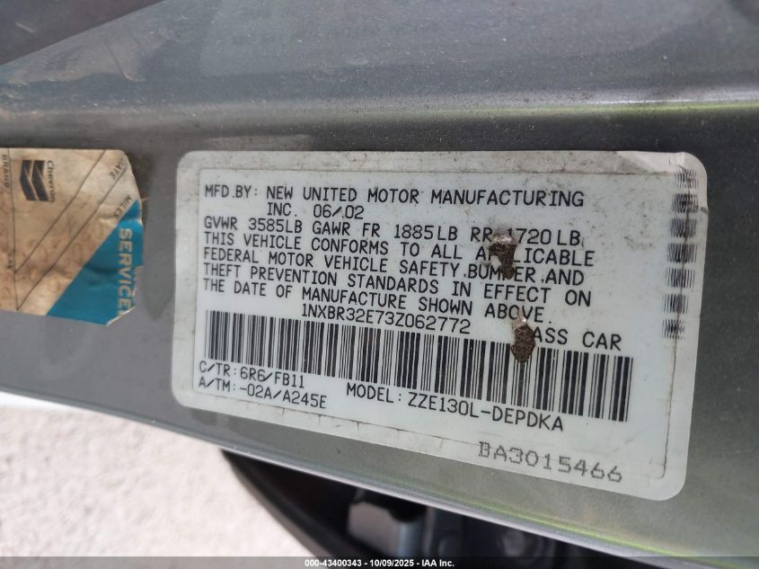 2003 Toyota Corolla Ce VIN: 1NXBR32E73Z062772 Lot: 43400343