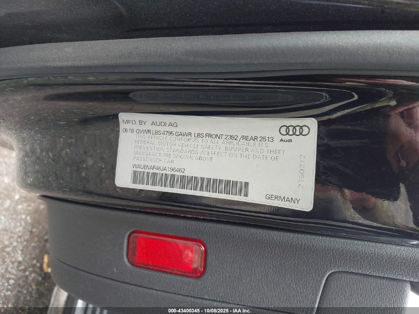 2018 Audi A4 2.0T Premium/2.0T Tech Premium VIN: WAUENAF46JA196462 Lot: 43400345