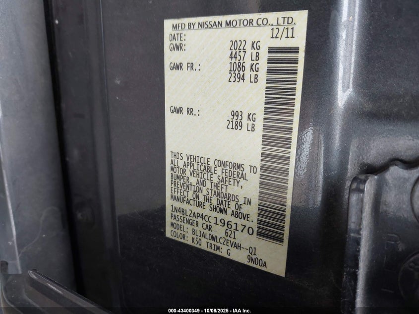 2012 Nissan Altima 3.5 Sr VIN: 1N4BL2AP4CC196170 Lot: 43400349