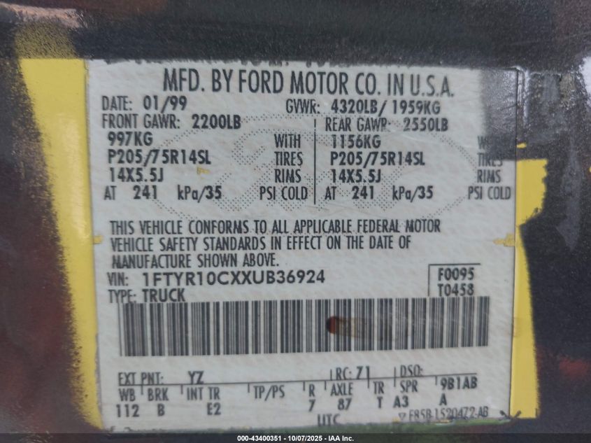 1999 Ford Ranger Xl/Xlt VIN: 1FTYR10CXXUB36924 Lot: 43400351