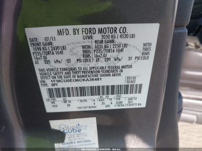 2012 Ford Escape Limited VIN: 1FMCU0EG6CKA36481 Lot: 43400352