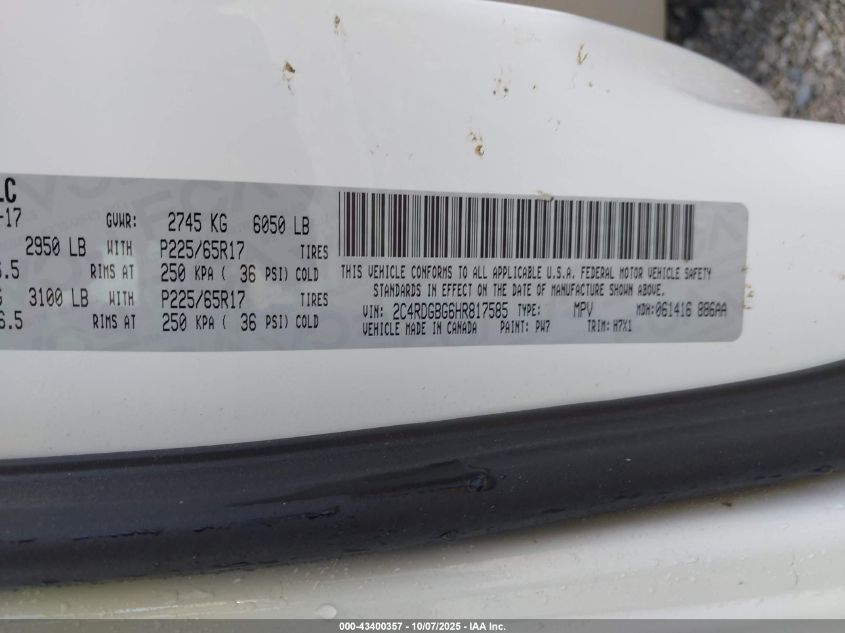 2017 Dodge Grand Caravan Se VIN: 2C4RDGBG6HR817585 Lot: 43400357