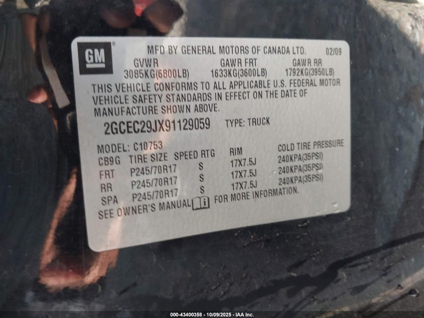 2009 Chevrolet Silverado 1500 Lt VIN: 2GCEC29JX91129059 Lot: 43400358