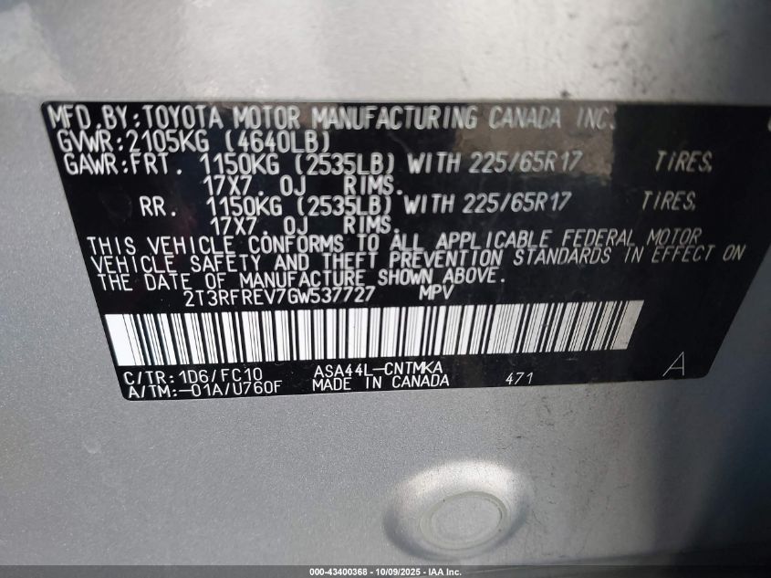 2016 Toyota Rav4 Xle VIN: 2T3RFREV7GW537727 Lot: 43400368