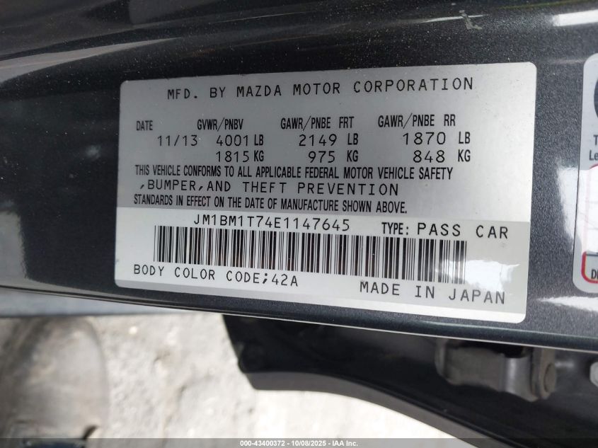 2014 Mazda Mazda3 I Sv VIN: JM1BM1T74E1147645 Lot: 43400372