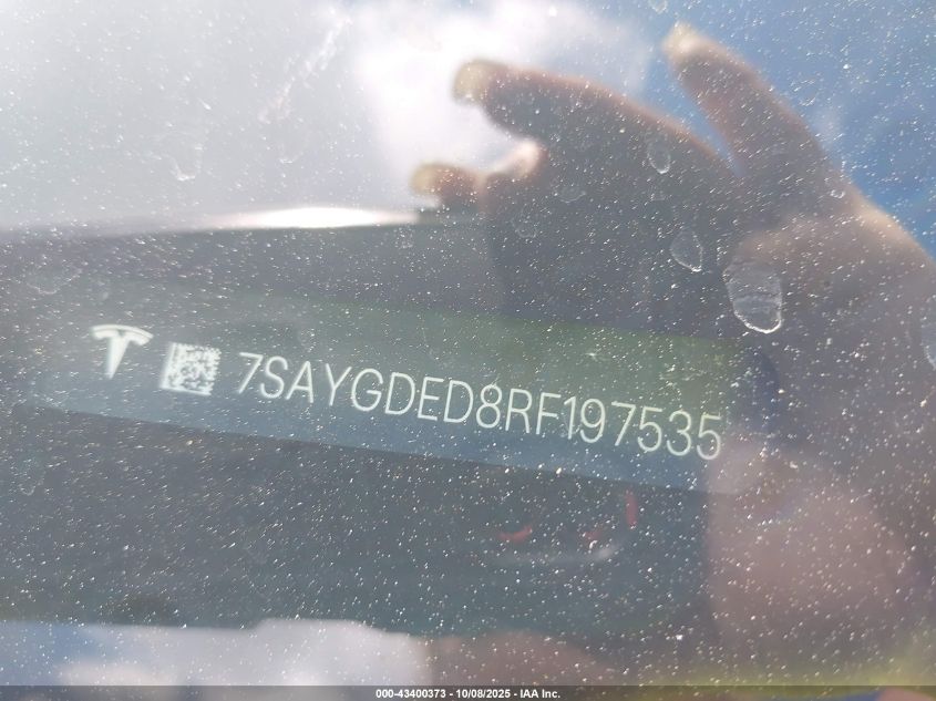 2024 Tesla Model Y Long Range Dual Motor All-Wheel Drive/Rwd VIN: 7SAYGDED8RF197535 Lot: 43400373