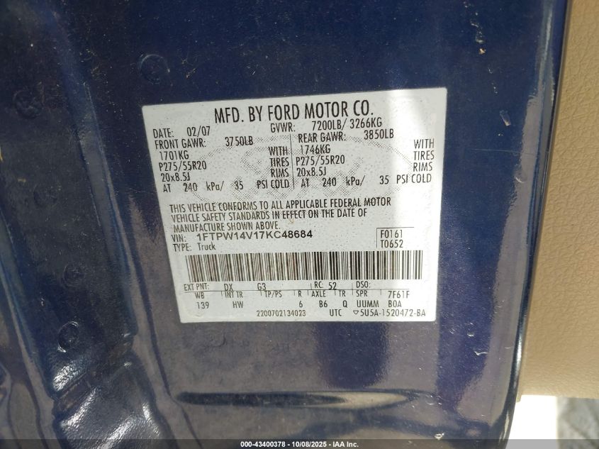 2007 Ford F-150 Fx4/Lariat/Xlt VIN: 1FTPW14V17KC48684 Lot: 43400378