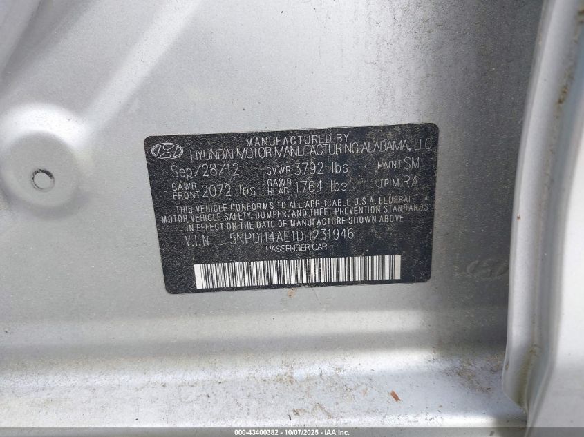 2013 Hyundai Elantra Gls VIN: 5NPDH4AE1DH231946 Lot: 43400382