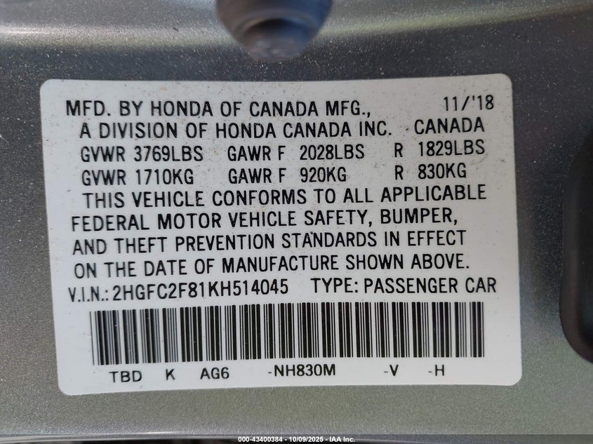 2019 HONDA CIVIC SPORT 2HGFC2F81KH514045