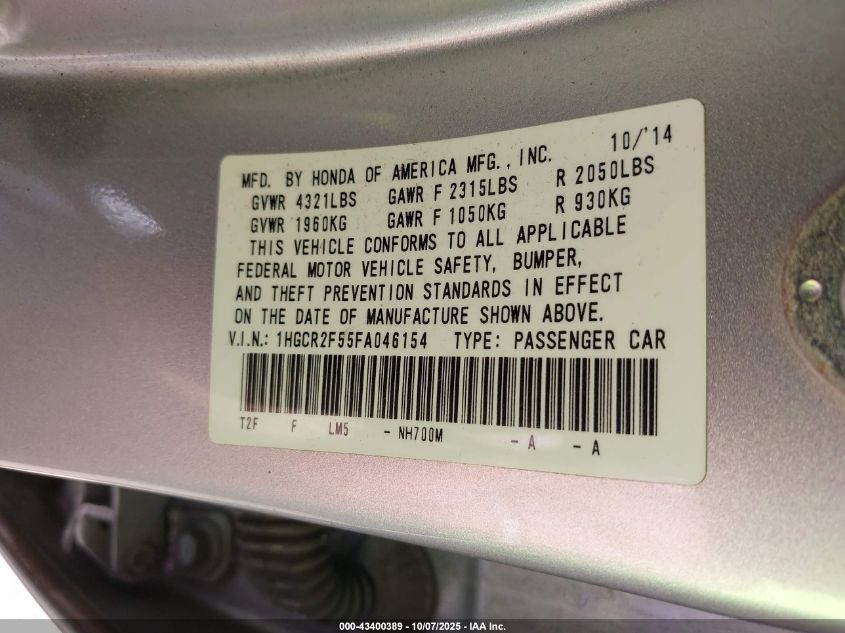 2015 Honda Accord Sport VIN: 1HGCR2F55FA046154 Lot: 43400389