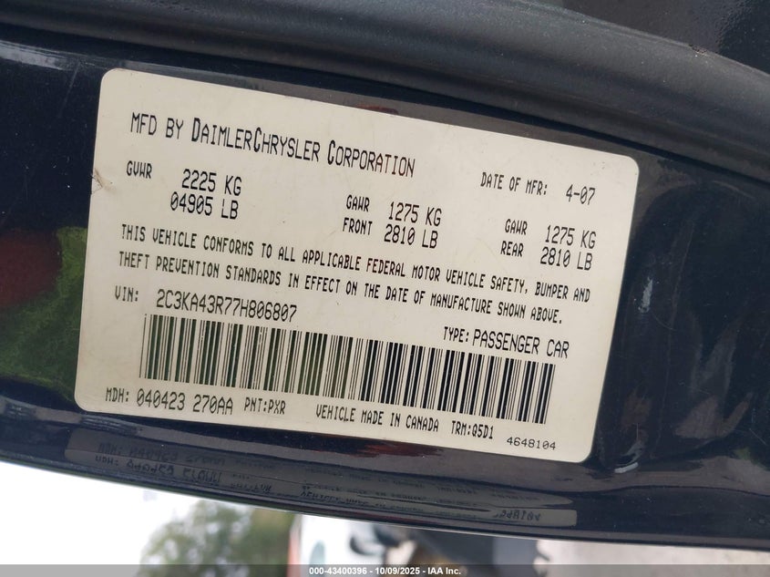 2007 Chrysler 300 VIN: 2C3KA43R77H806807 Lot: 43400396