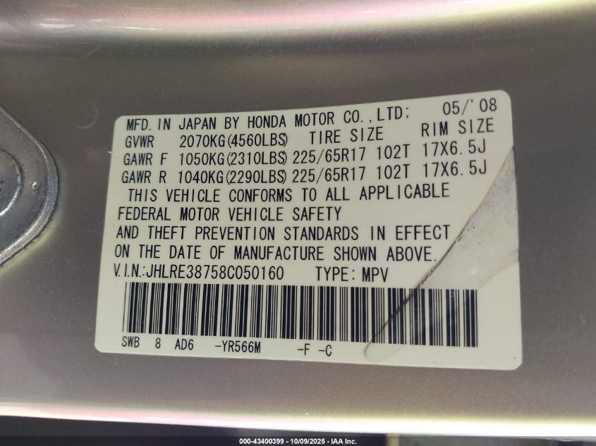 2008 Honda Cr-V Ex-L VIN: JHLRE38758C050160 Lot: 43400399