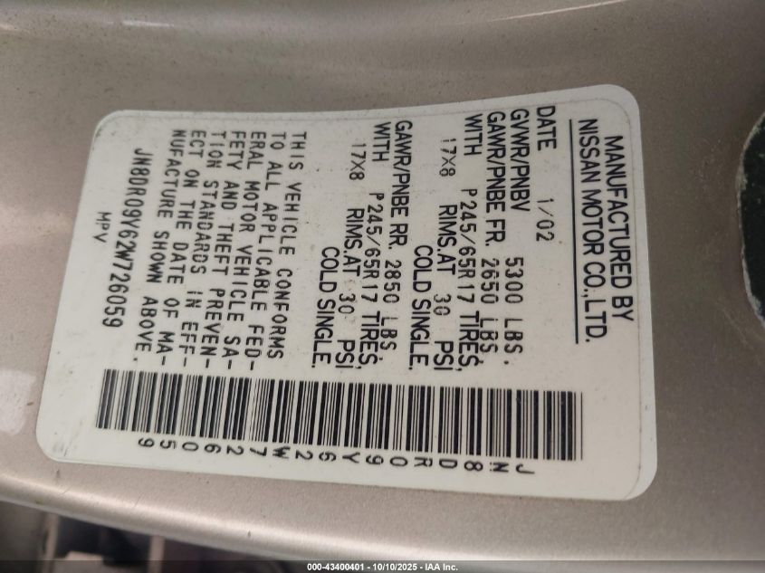 2002 Nissan Pathfinder Le VIN: JN8DR09Y62W726059 Lot: 43400401