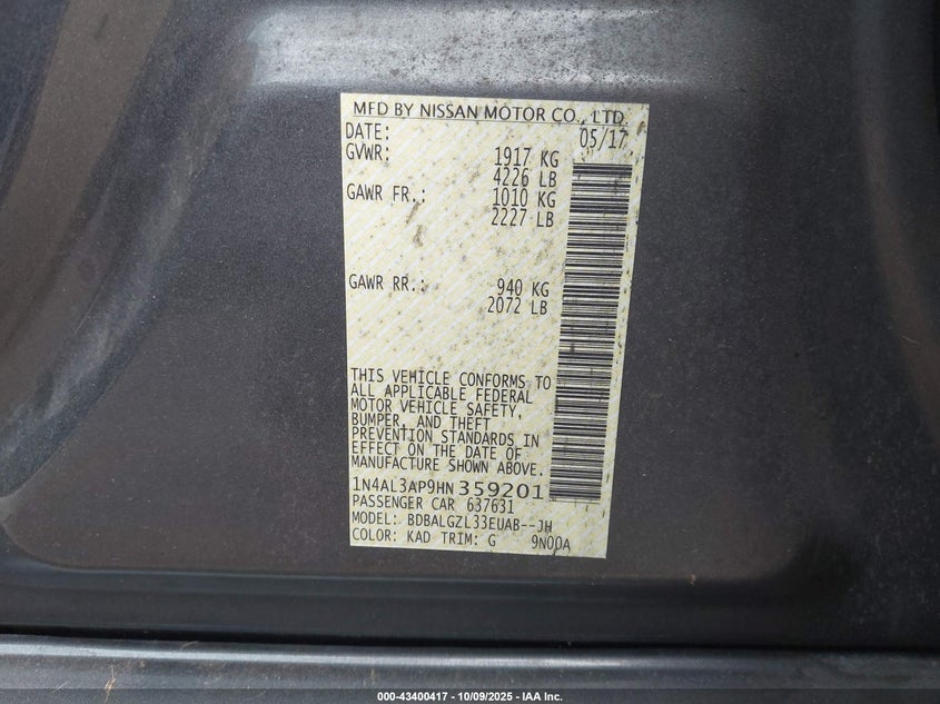 2017 NISSAN ALTIMA 2.5 S 1N4AL3AP9HN359201