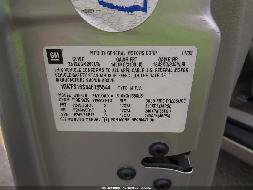 2004 GMC Envoy Xl Sle VIN: 1GKES16S446155544 Lot: 43400425