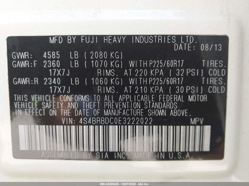 2014 Subaru Outback 2.5I Premium VIN: 4S4BRBDC0E3222022 Lot: 43400426