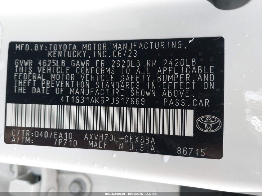 2023 Toyota Camry Se Hybrid VIN: 4T1G31AK6PU617669 Lot: 43400439