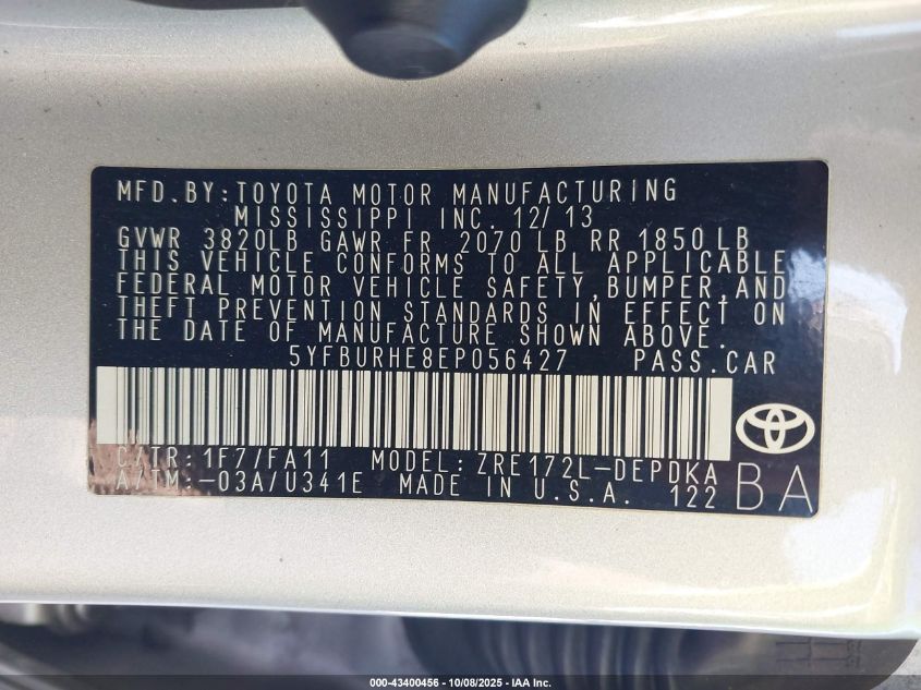 2014 Toyota Corolla L VIN: 5YFBURHE8EP056427 Lot: 43400456