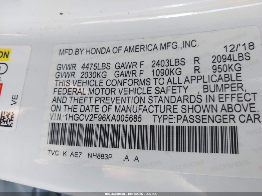 2019 Honda Accord Touring 2.0T VIN: 1HGCV2F96KA005685 Lot: 43400468