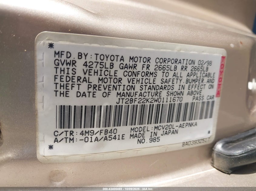 1998 Toyota Camry Le V6 VIN: JT2BF22K2W0111670 Lot: 43400469