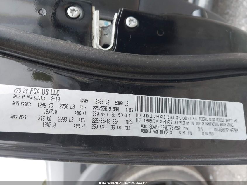 2019 Dodge Journey Se VIN: 3C4PDCBB4KT707952 Lot: 43400470