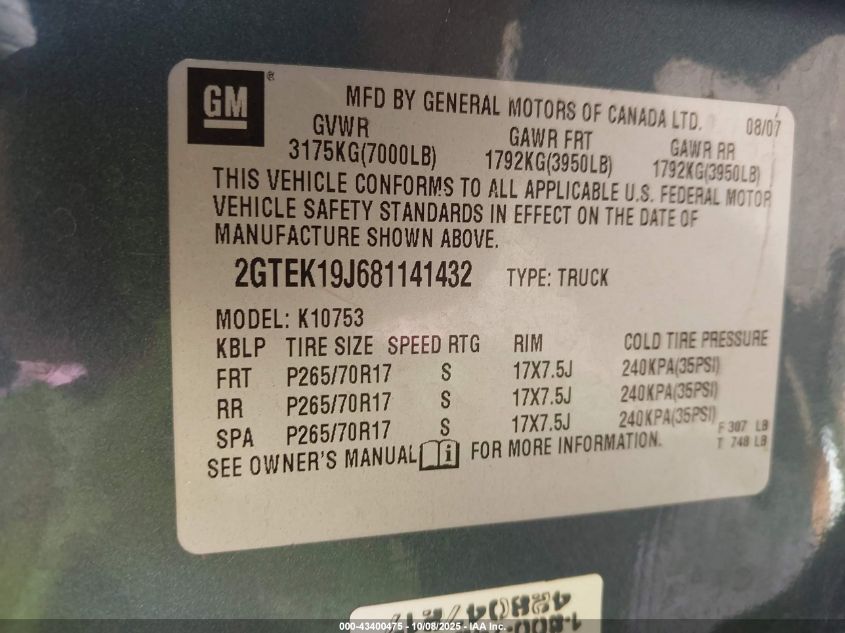 2008 GMC Sierra 1500 Sle2 VIN: 2GTEK19J681141432 Lot: 43400475