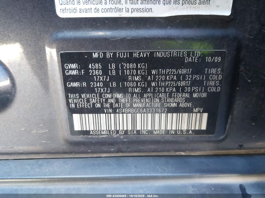 2010 Subaru Outback 2.5I Premium VIN: 4S4BRBGC6A3331672 Lot: 43400485