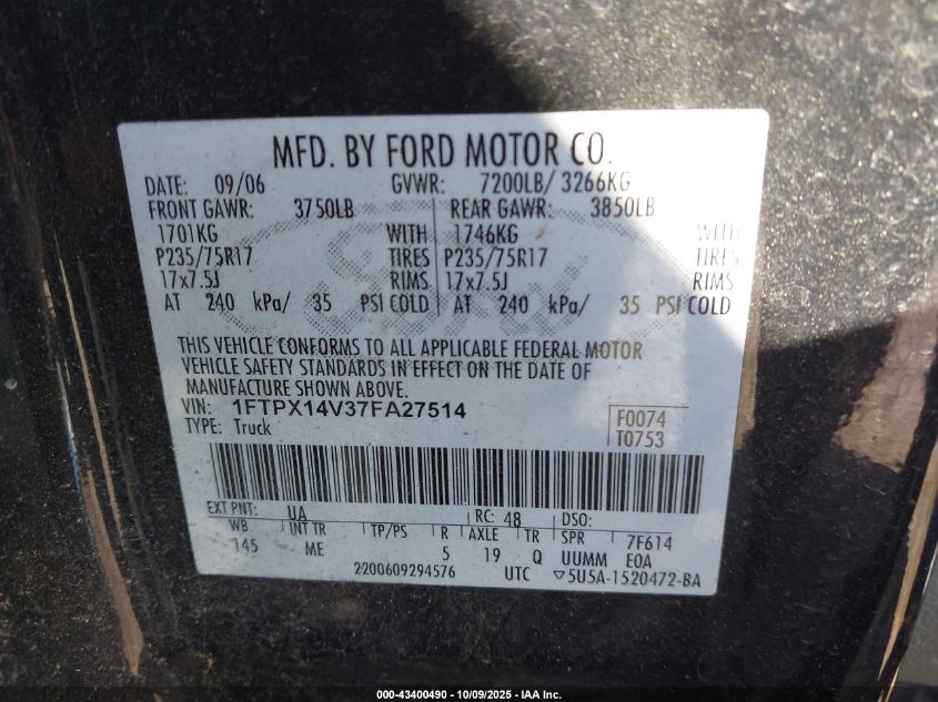 2007 Ford F150 VIN: 1FTPX14V37FA27514 Lot: 43400490