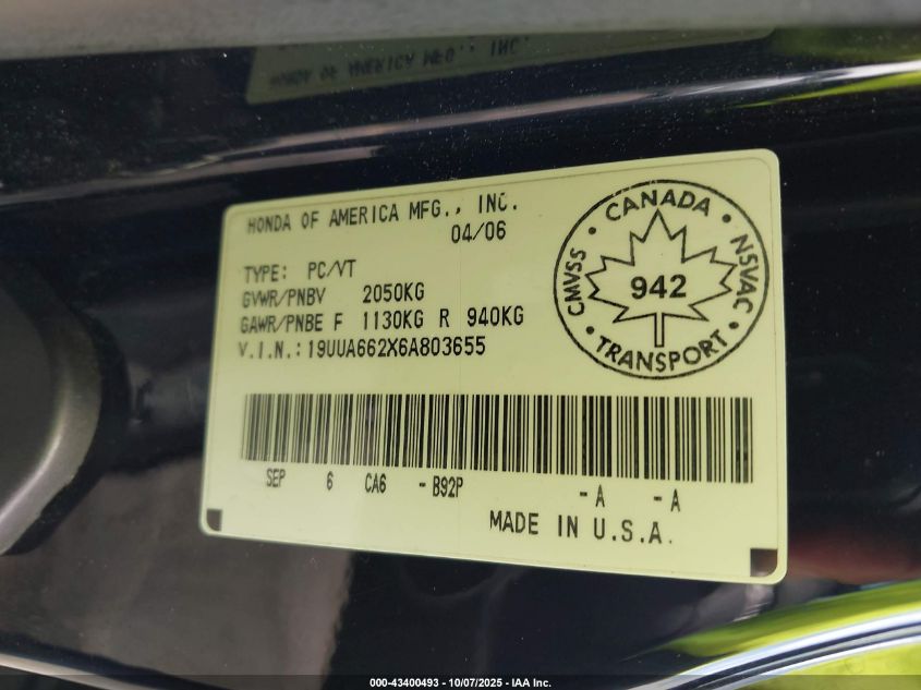 2006 Acura Tl VIN: 19UUA662X6A803655 Lot: 43400493