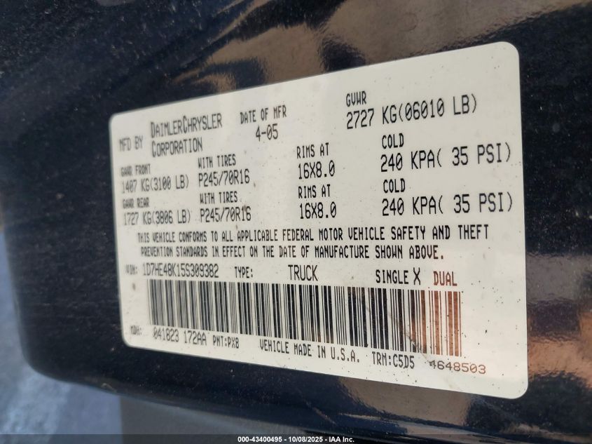 2005 Dodge Dakota Slt VIN: 1D7HE48K15S309382 Lot: 43400495