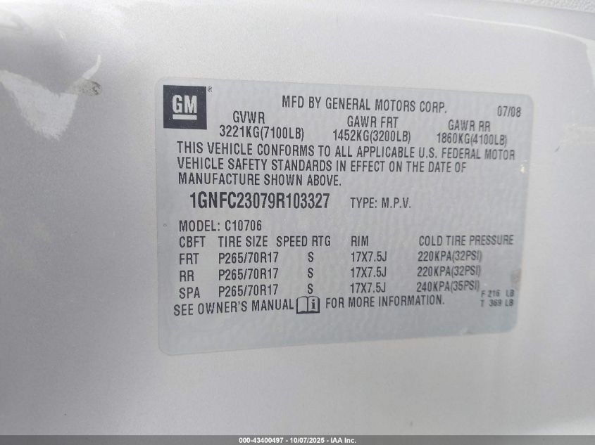 2009 Chevrolet Tahoe Lt2 VIN: 1GNFC23079R103327 Lot: 43400497