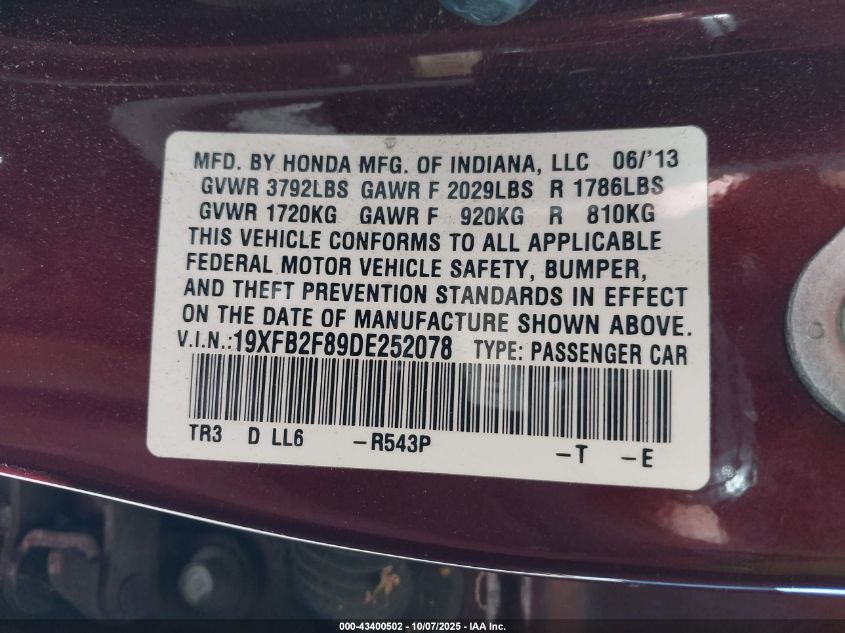 2013 Honda Civic Ex VIN: 19XFB2F89DE252078 Lot: 43400502
