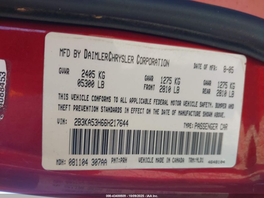 2006 Dodge Charger Rt VIN: 2B3KA53H66H217644 Lot: 43400509