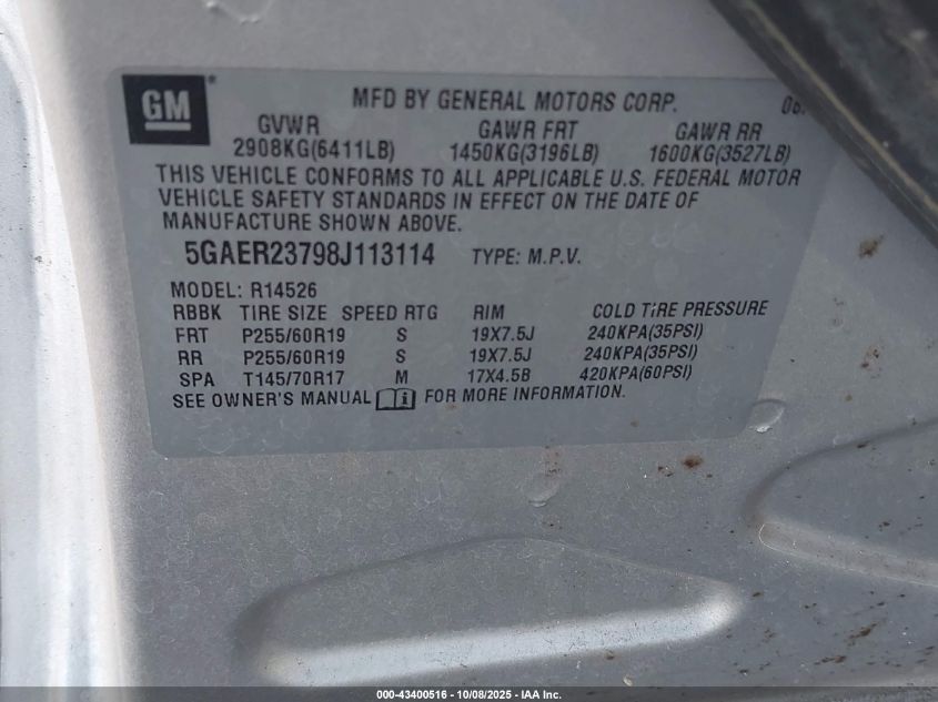 2008 Buick Enclave Cxl VIN: 5GAER23798J113114 Lot: 43400516