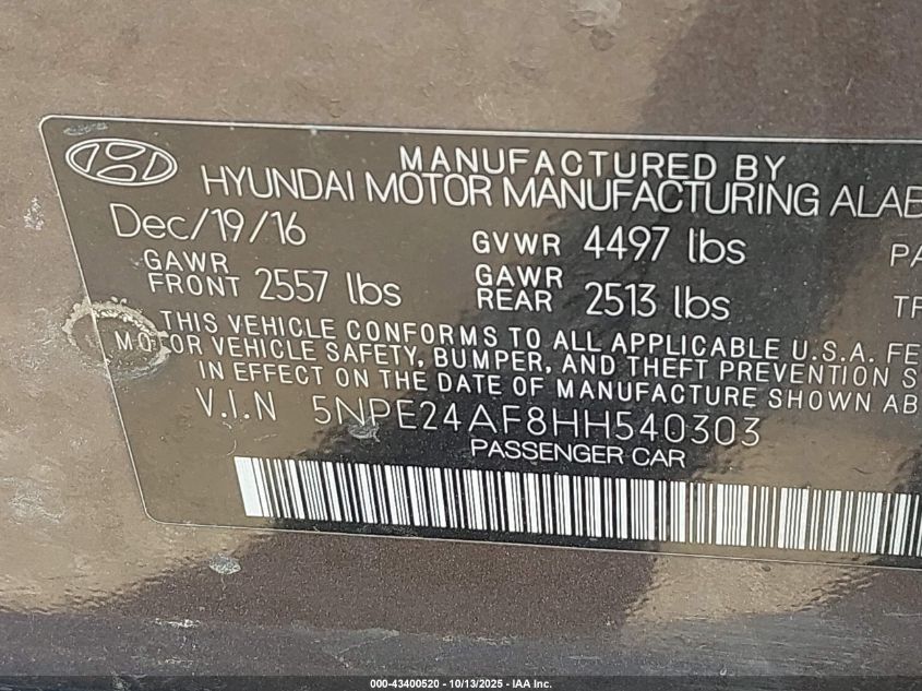 2017 Hyundai Sonata Se VIN: 5NPE24AF8HH540303 Lot: 43400520