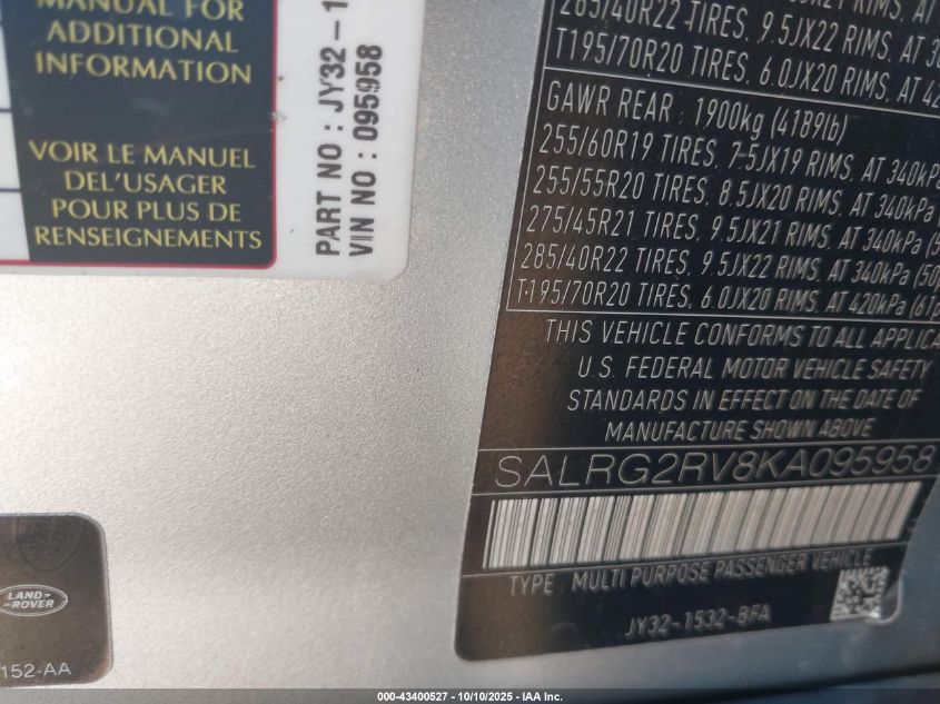 2019 Land Rover Discovery Se VIN: SALRG2RV8KA095958 Lot: 43400527
